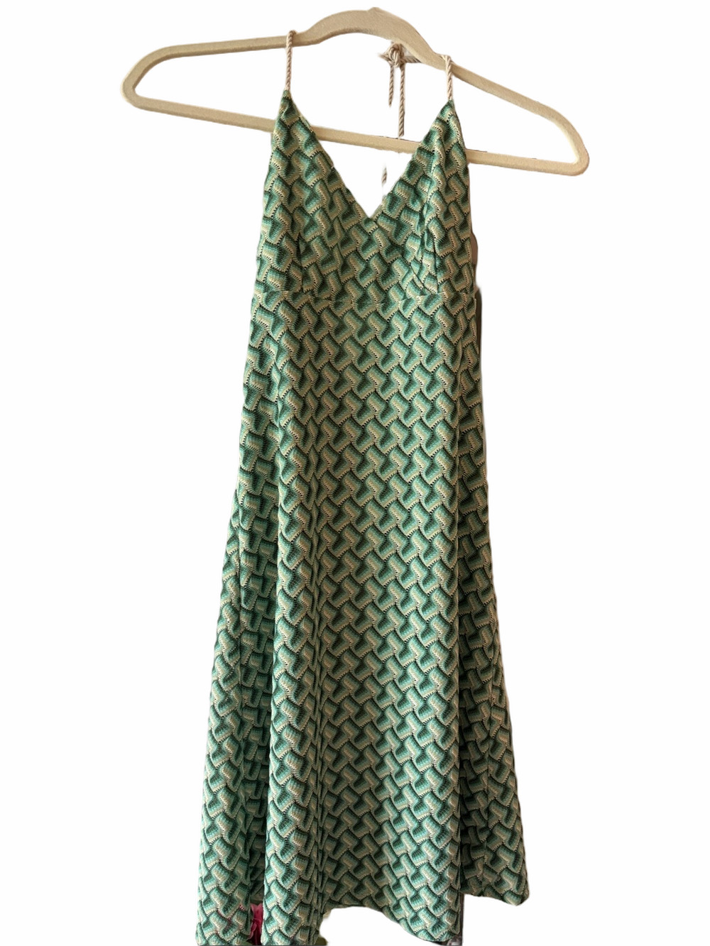 Y2K Boho vibes Ann Taylor loft green crochet chevron print halter dress size 0